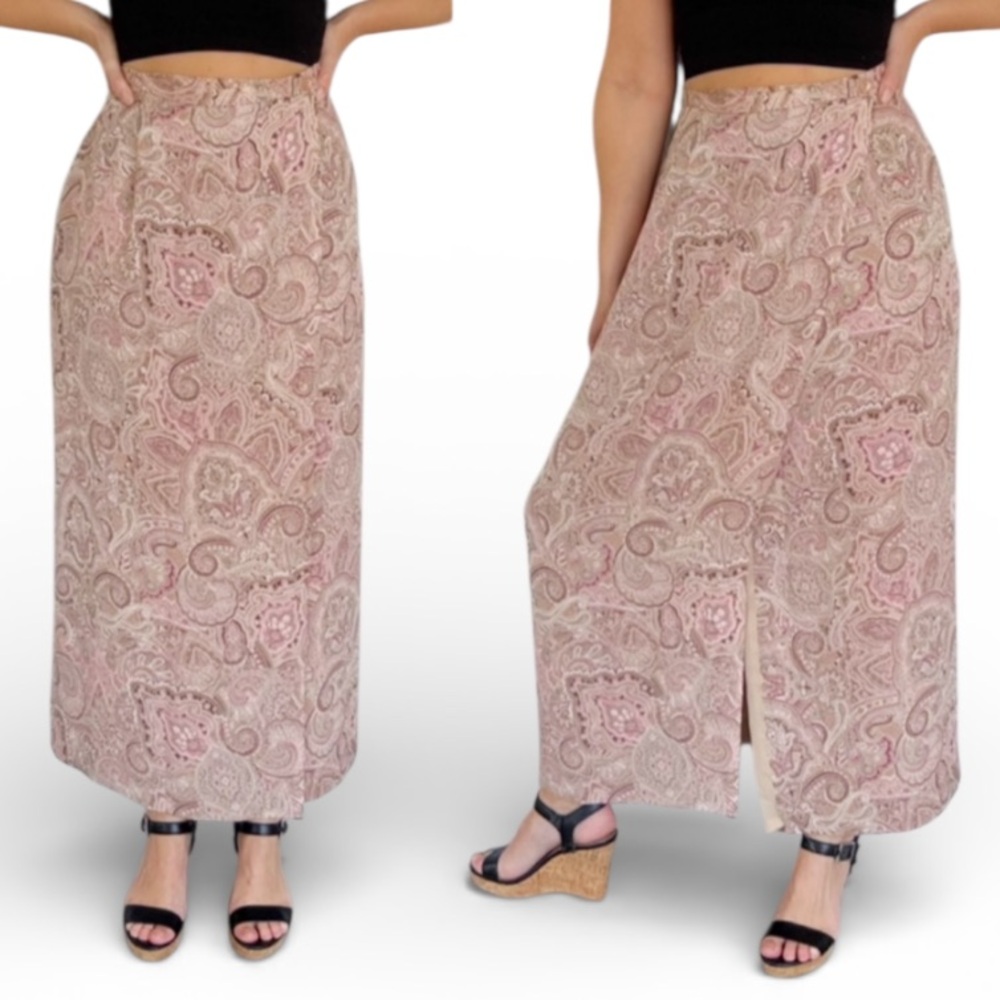 Vintage Talbots silk pink tan paisley print midi length wrap skirt size 6
